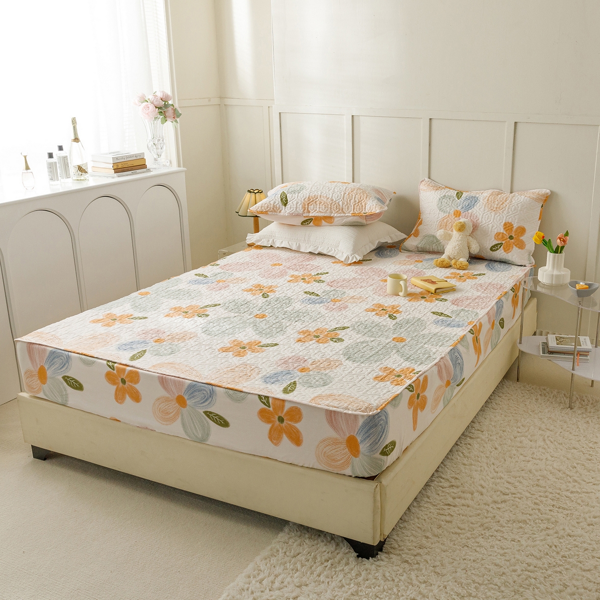 91家纺网 家纺一手货源 找家纺 忘忧草 2026新款清新简约全棉印花夹棉床笠 秋洛