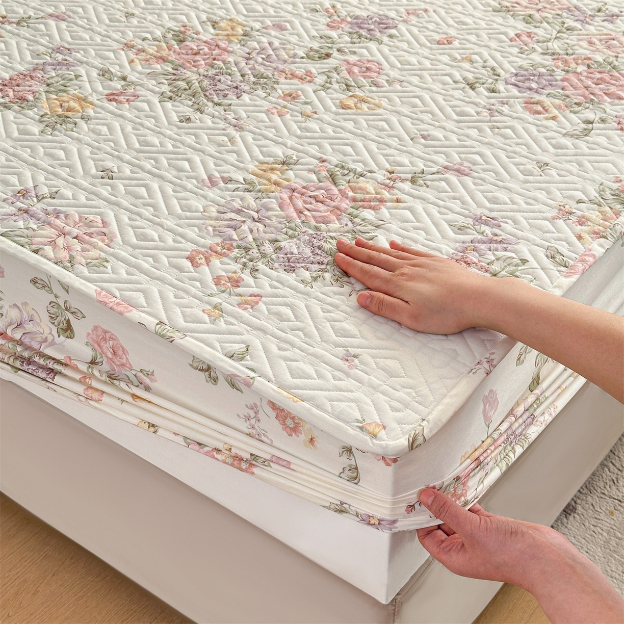 91家纺网 家纺一手货源 找家纺 忘忧草 2026新款清新简约全棉印花夹棉床笠 南法庄园