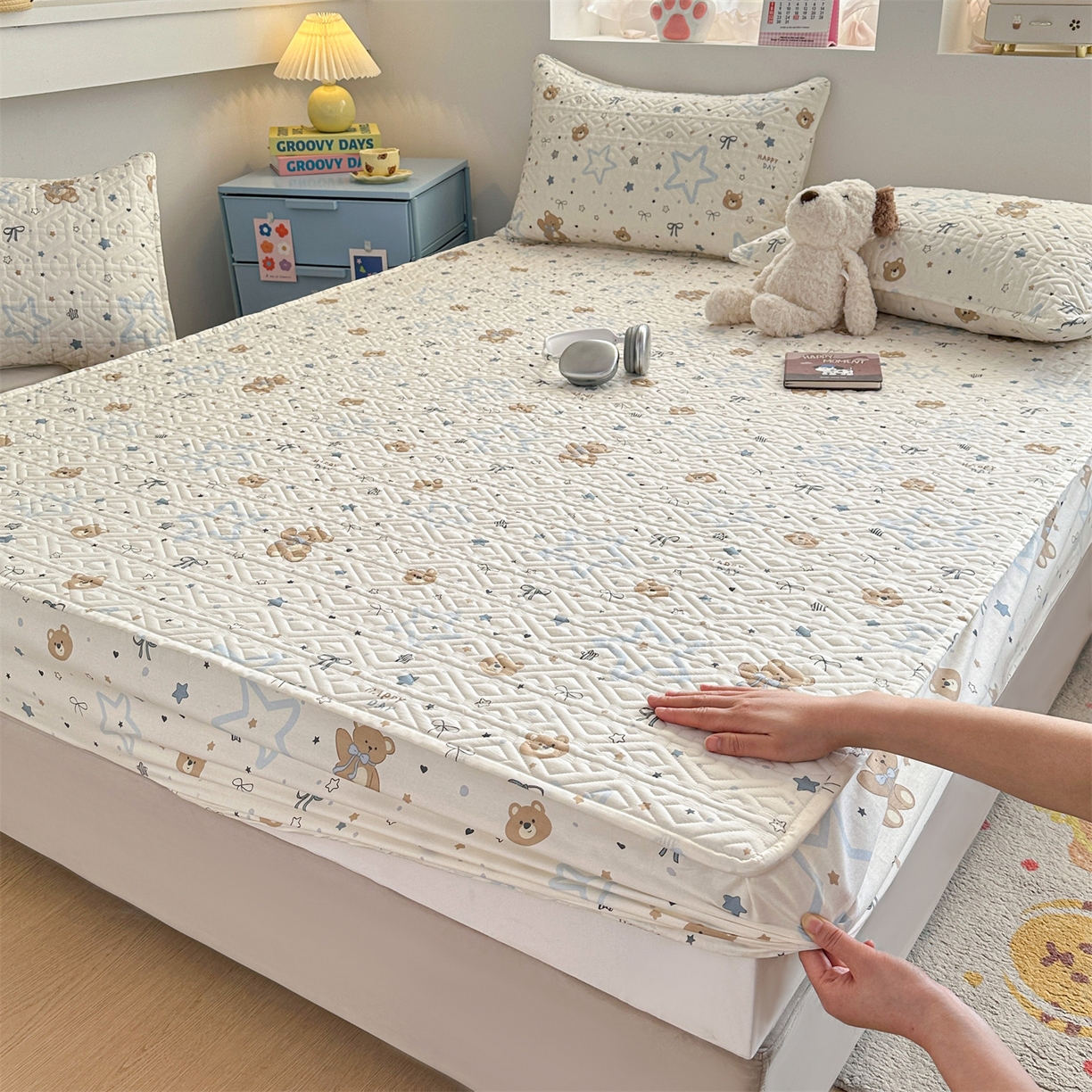 忘忧草 2026新款清新简约全棉印花夹棉床笠 小熊天文馆