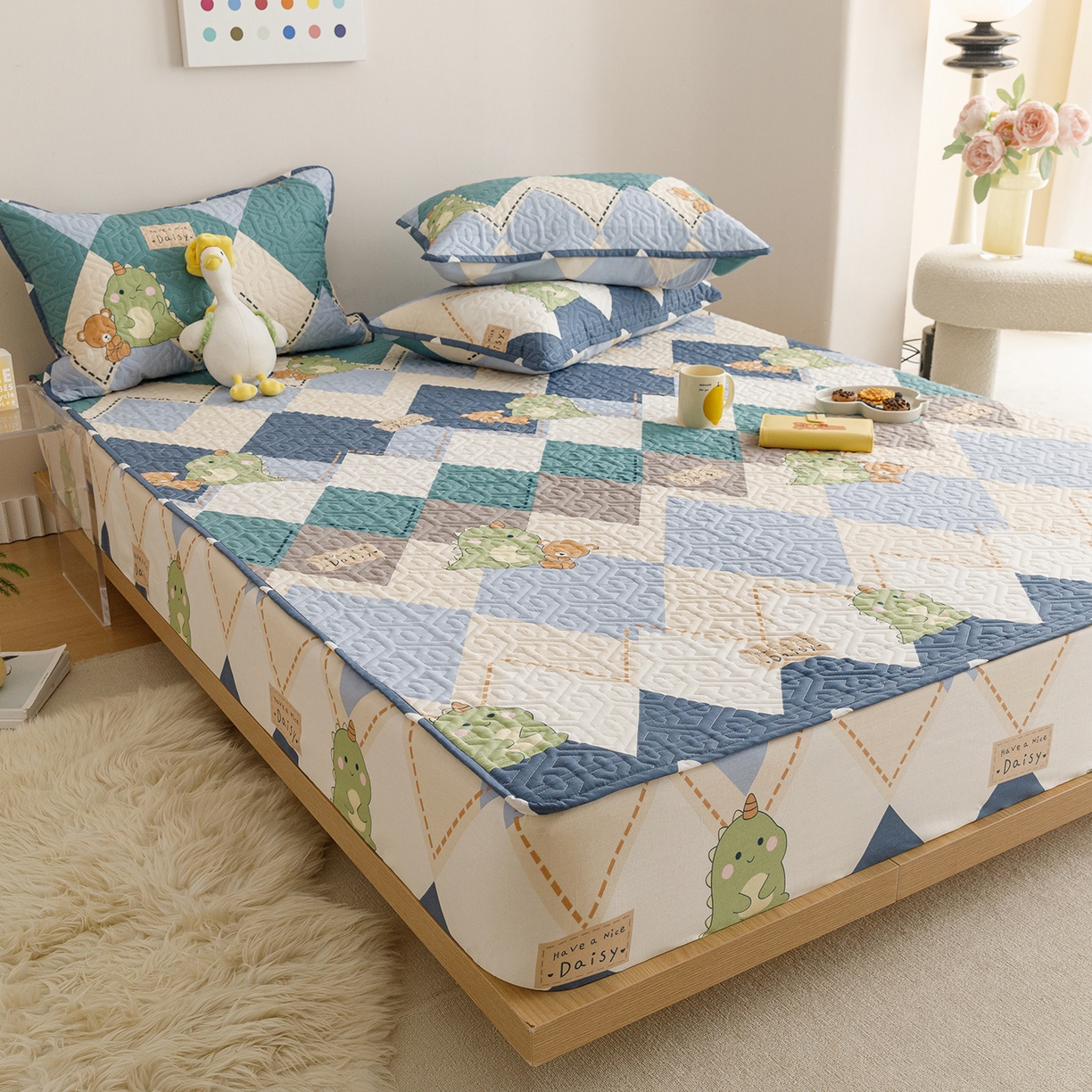 91家纺网 家纺一手货源 找家纺 忘忧草 2026新款清新简约全棉印花夹棉床笠 淘淘龙