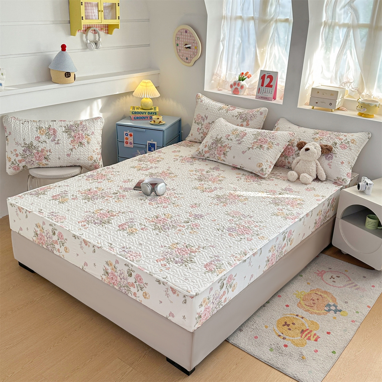 91家纺网 家纺一手货源 找家纺 忘忧草 2026新款清新简约全棉印花夹棉床笠 南法庄园