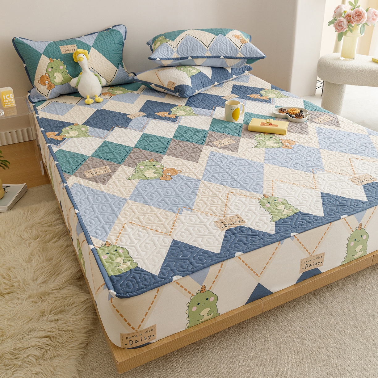 91家纺网 家纺一手货源 找家纺 忘忧草 2026新款清新简约全棉印花夹棉床笠 淘淘龙