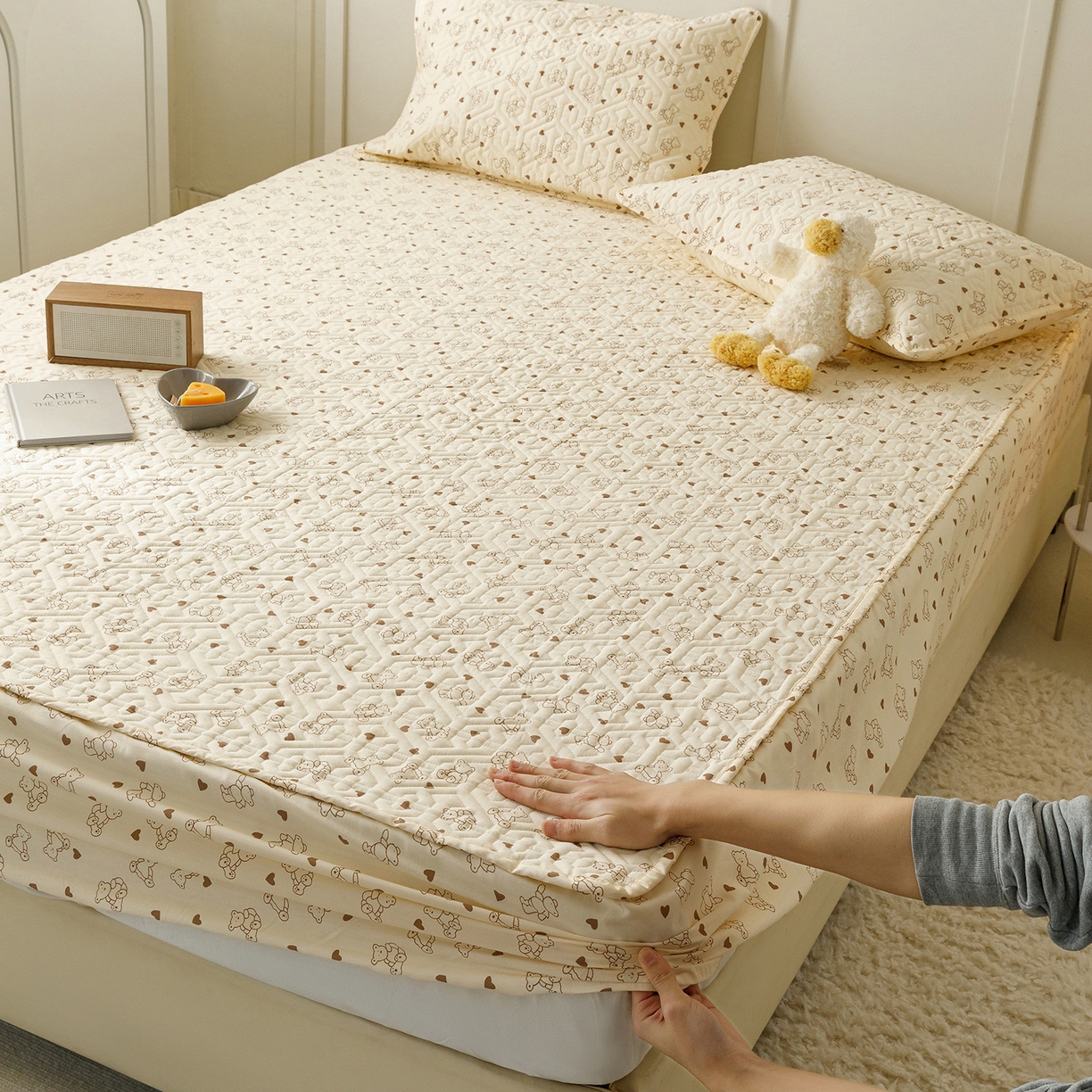 忘忧草 2026新款清新简约全棉印花夹棉床笠 贝贝熊