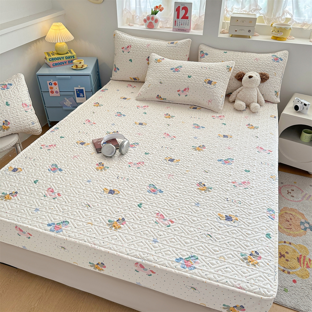 91家纺网 家纺一手货源 找家纺 （总）忘忧草 2026新款清新简约全棉印花夹棉床笠