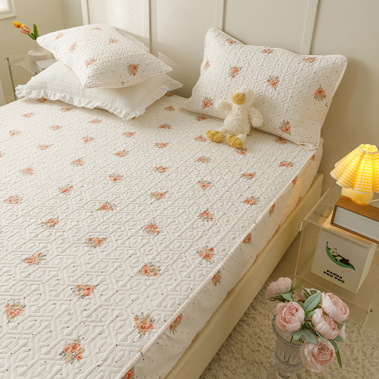 91家纺网 家纺一手货源 找家纺 忘忧草 2026新款清新简约全棉印花夹棉床笠 花簇-米