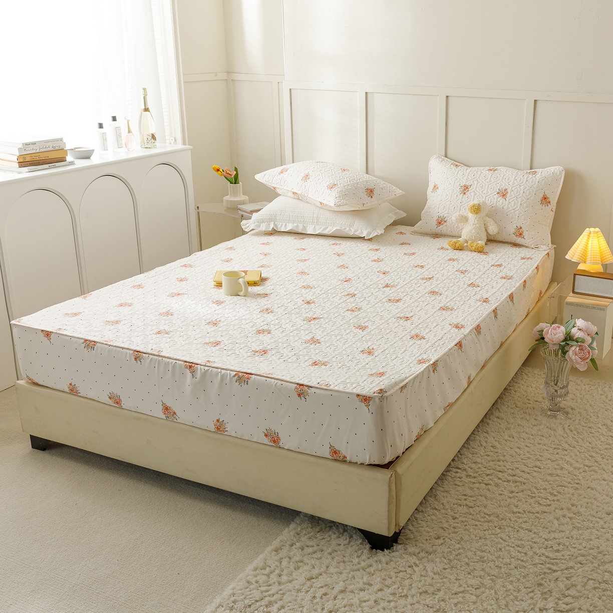 91家纺网 家纺一手货源 找家纺 忘忧草 2026新款清新简约全棉印花夹棉床笠 花簇-米