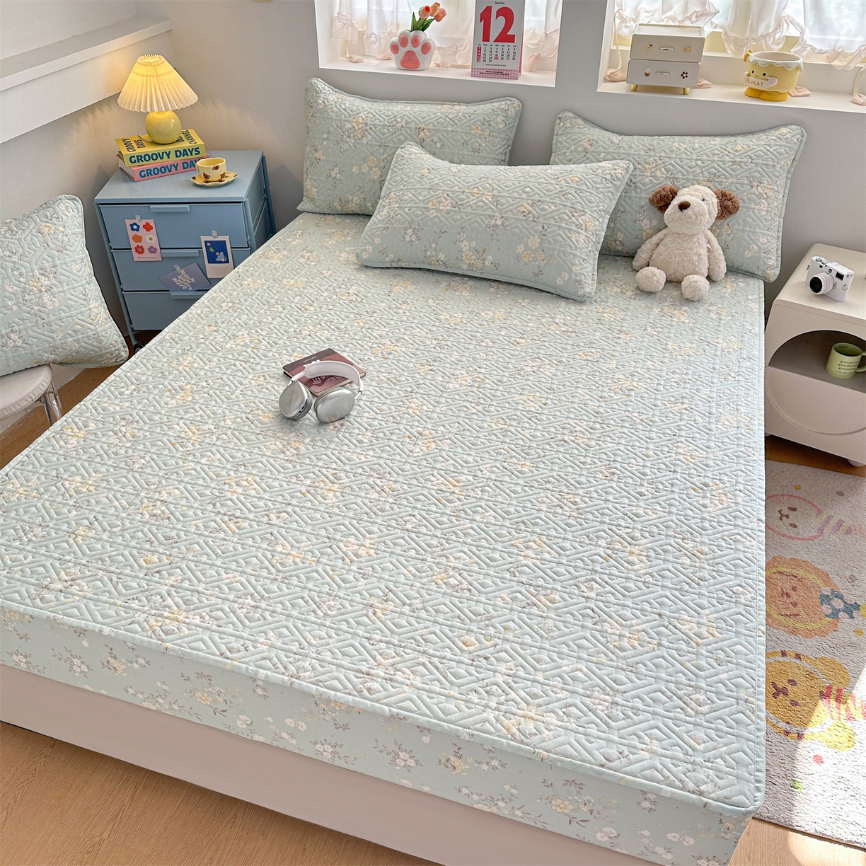 91家纺网 家纺一手货源 找家纺 忘忧草 2026新款清新简约全棉印花夹棉床笠 苏林-绿