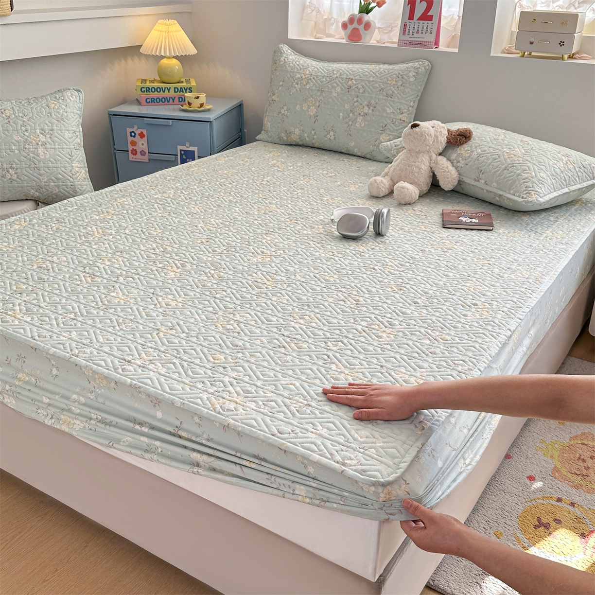 忘忧草 2026新款清新简约全棉印花夹棉床笠 苏林-绿