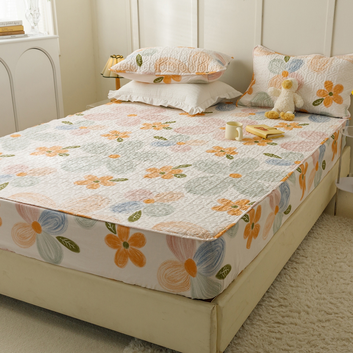 91家纺网 家纺一手货源 找家纺 忘忧草 2026新款清新简约全棉印花夹棉床笠 秋洛