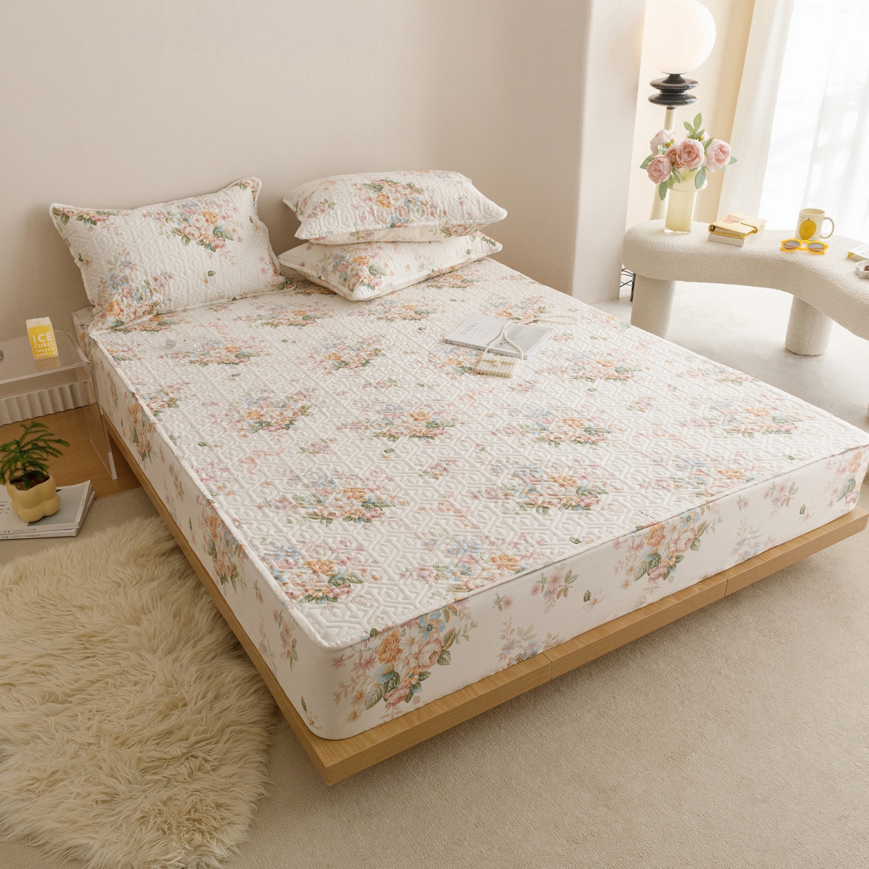 91家纺网 家纺一手货源 找家纺 忘忧草 2026新款清新简约全棉印花夹棉床笠 花期如梦