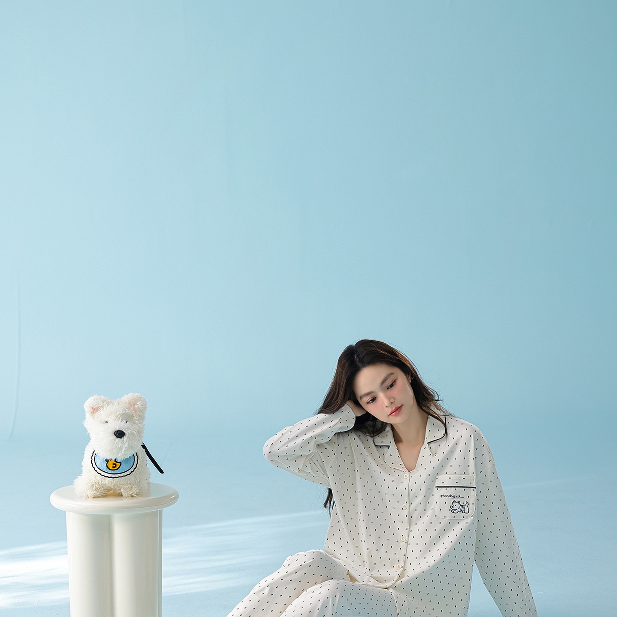 91家纺网 家纺一手货源 找家纺 妍景家居生活馆 2026新款新疆棉情侣款翻领黑白波点套装 白色波点