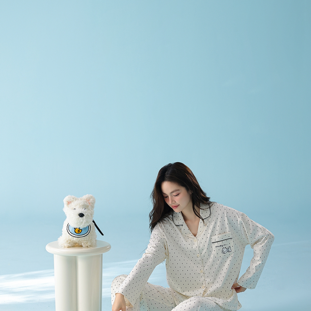 91家纺网 家纺一手货源 找家纺 妍景家居生活馆 2026新款新疆棉情侣款翻领黑白波点套装 白色波点