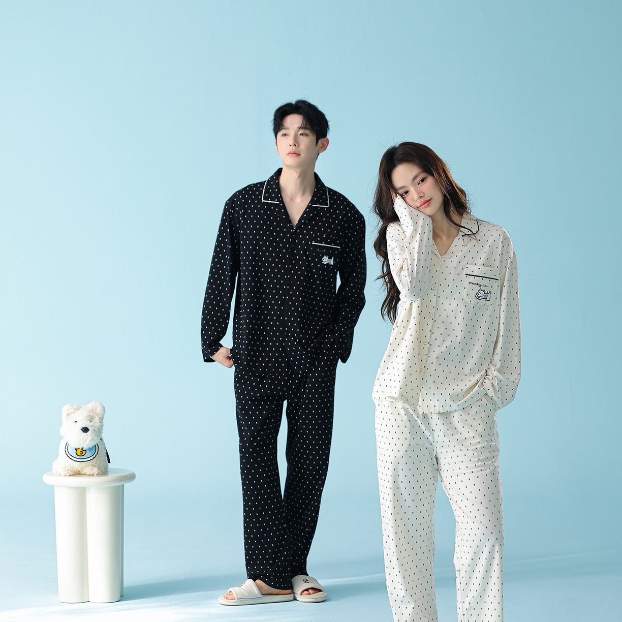 91家纺网 家纺一手货源 找家纺 妍景家居生活馆 2026新款新疆棉情侣款翻领黑白波点套装 组合图