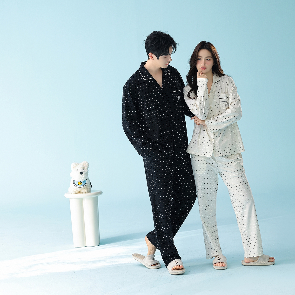 91家纺网 家纺一手货源 找家纺 妍景家居生活馆 2026新款新疆棉情侣款翻领黑白波点套装 组合图