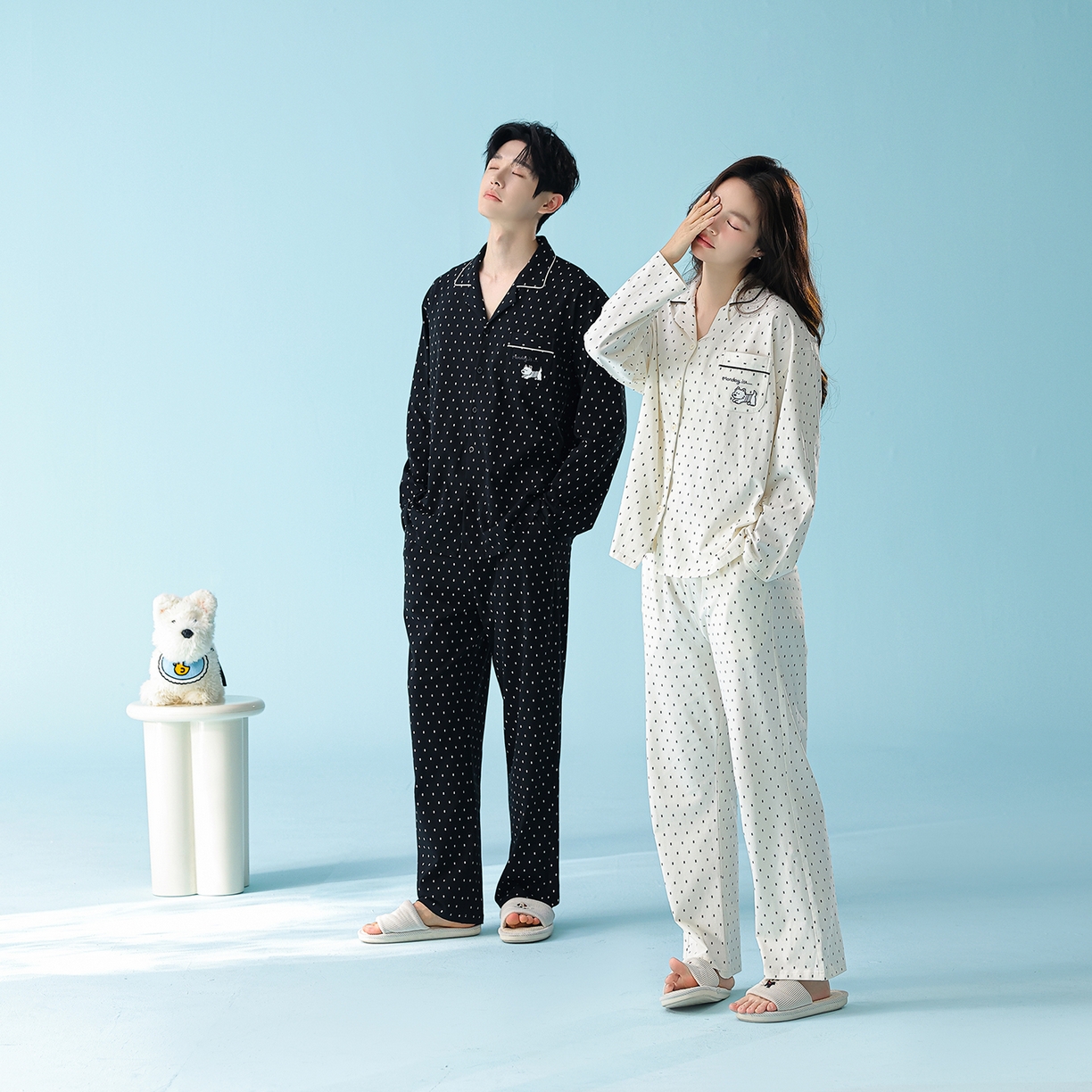 91家纺网 家纺一手货源 找家纺 妍景家居生活馆 2026新款新疆棉情侣款翻领黑白波点套装 组合图