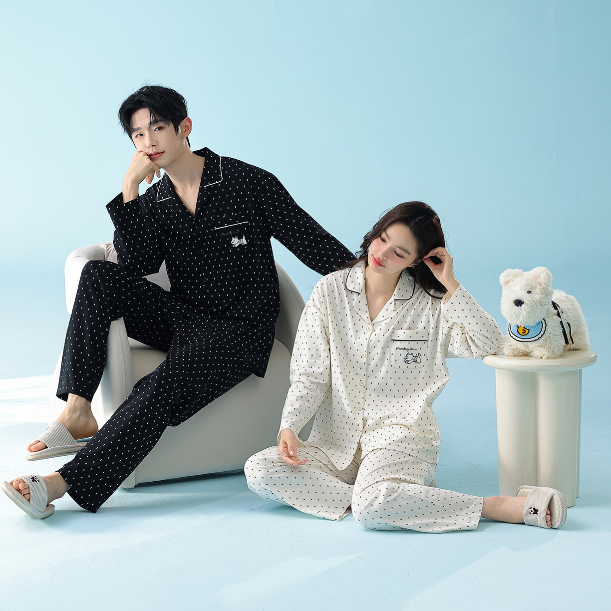 91家纺网 家纺一手货源 找家纺 妍景家居生活馆 2026新款新疆棉情侣款翻领黑白波点套装 组合图