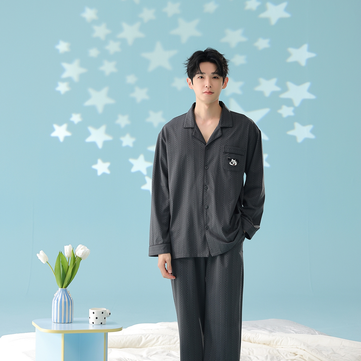 妍景家居生活馆 2026新款新疆棉情侣款翻领软萌狗狗套装 软萌狗狗-黑