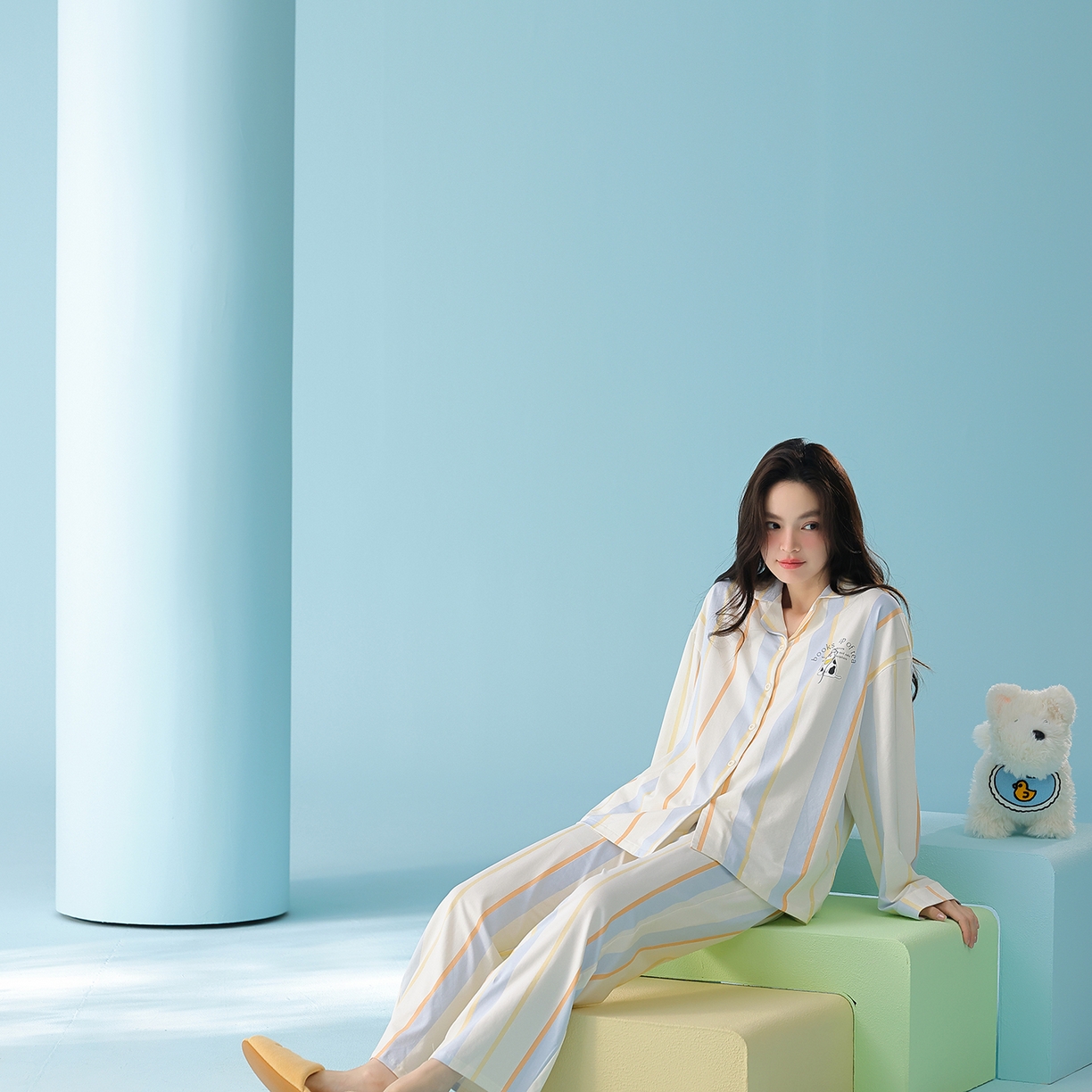 91家纺网 家纺一手货源 找家纺 （总）妍景家居生活馆 2026新款新疆棉情侣款翻领撞色条纹小狗