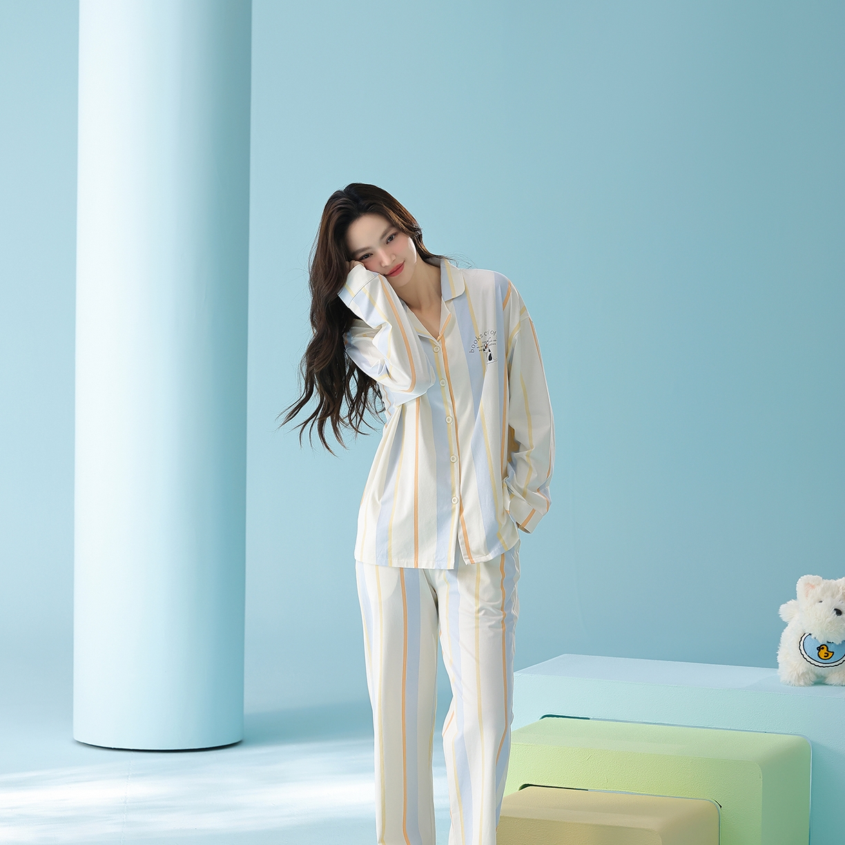 （总）妍景家居生活馆 2026新款新疆棉情侣款翻领撞色条纹小狗