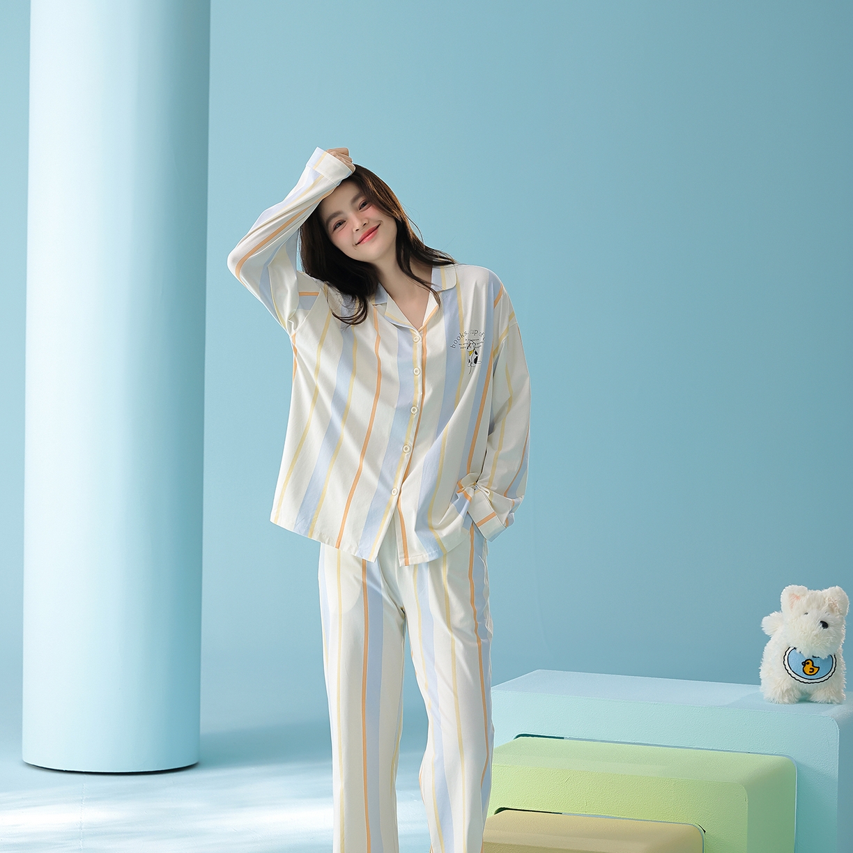 91家纺网 家纺一手货源 找家纺 （总）妍景家居生活馆 2026新款新疆棉情侣款翻领撞色条纹小狗