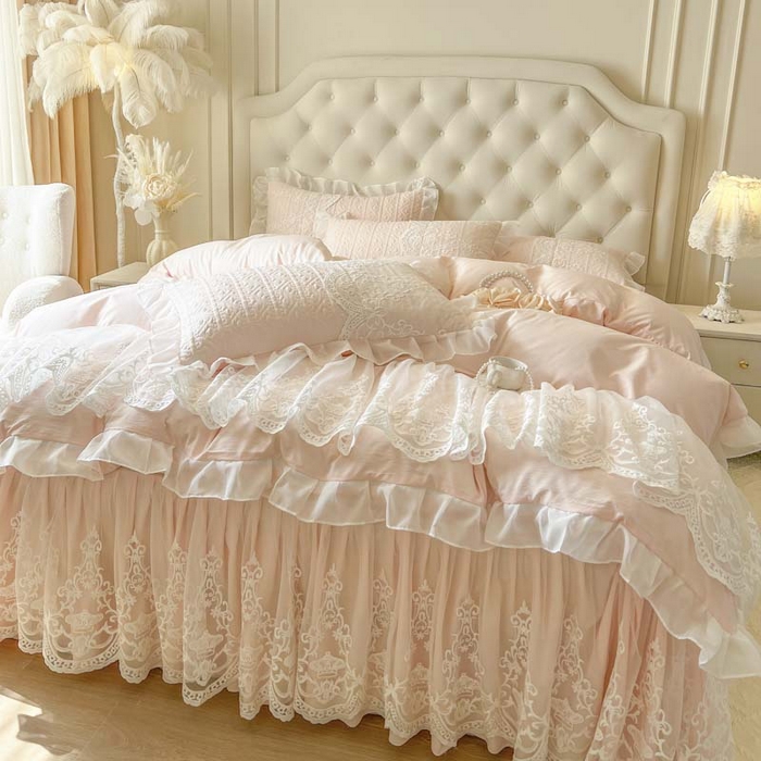 91家纺网 家纺一手货源 找家纺 （总）恋尚 2026新款木凉淳浪漫蕾丝床裙三件套-米朵（控价115起）