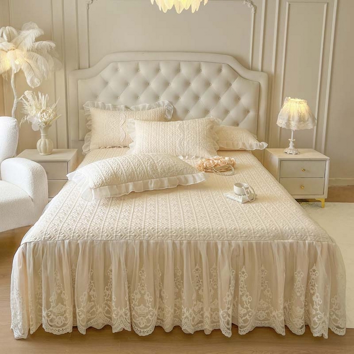 恋尚 2026新款木凉淳浪漫蕾丝床裙三件套-米朵（控价115起） 米朵-米黄