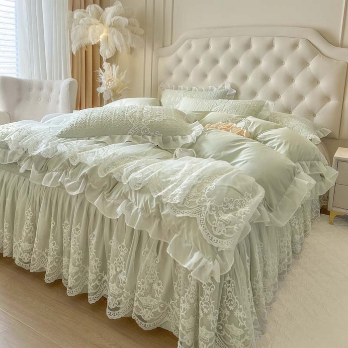 91家纺网 家纺一手货源 找家纺 恋尚 2026新款木凉淳浪漫蕾丝床裙三件套-米朵（控价115起） 米朵-水绿