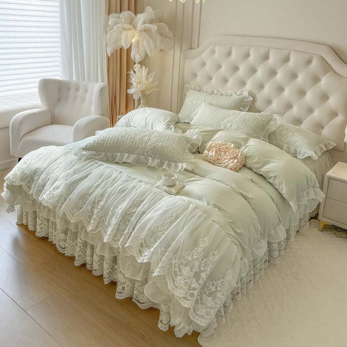 91家纺网 家纺一手货源 找家纺 恋尚 2026新款木凉淳浪漫蕾丝床裙三件套-米朵（控价115起） 米朵-水绿