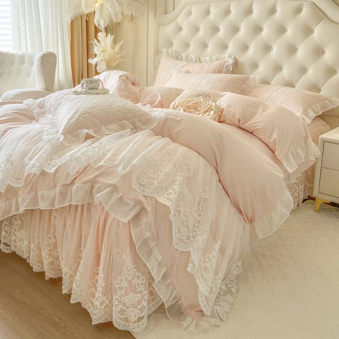 91家纺网 家纺一手货源 找家纺 （总）恋尚 2026新款木凉淳浪漫蕾丝床裙四件套-米朵(控价220起）