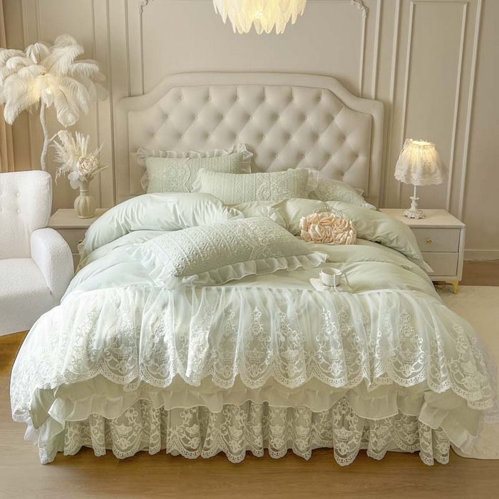 91家纺网 家纺一手货源 找家纺 恋尚 2026新款木凉淳浪漫蕾丝床裙四件套-米朵(控价220起） 米朵-水绿