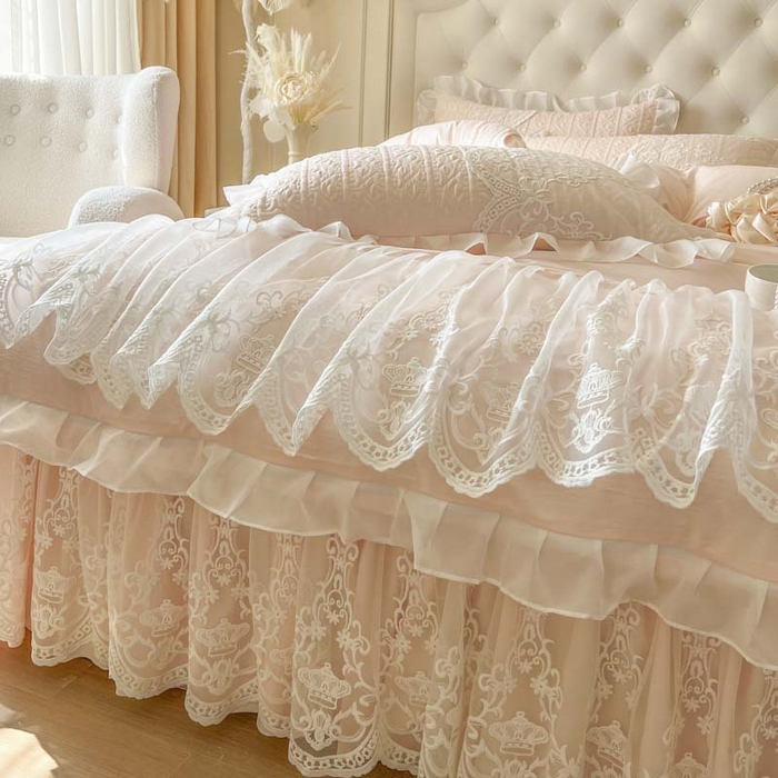 91家纺网 家纺一手货源 找家纺 （总）恋尚 2026新款木凉淳浪漫蕾丝床裙四件套-米朵(控价220起）