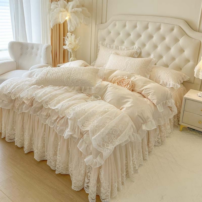 91家纺网 家纺一手货源 找家纺 恋尚 2026新款木凉淳浪漫蕾丝床裙四件套-米朵(控价220起） 米朵-米黄