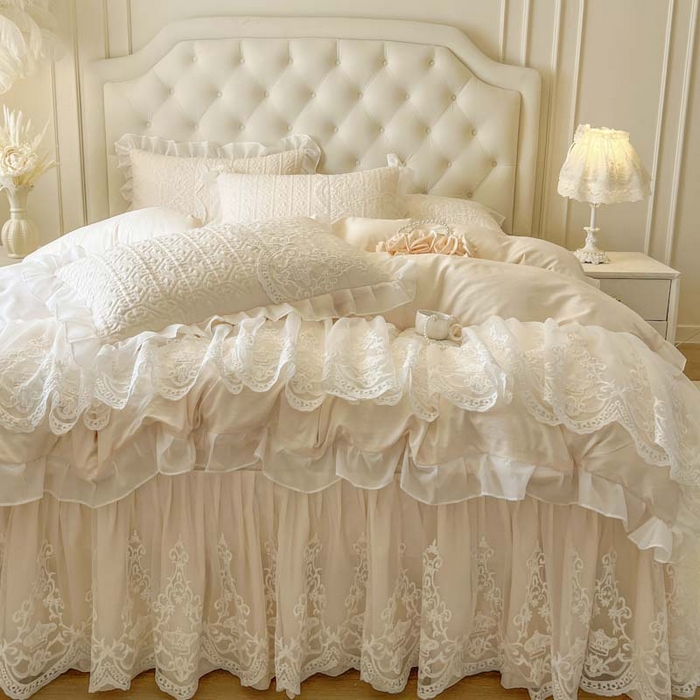 91家纺网 家纺一手货源 找家纺 恋尚 2026新款木凉淳浪漫蕾丝床裙四件套-米朵(控价220起） 米朵-米黄