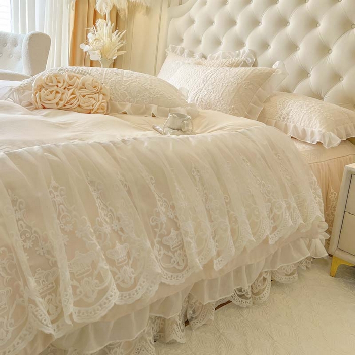 91家纺网 家纺一手货源 找家纺 恋尚 2026新款木凉淳浪漫蕾丝床裙四件套-米朵(控价220起） 米朵-米黄