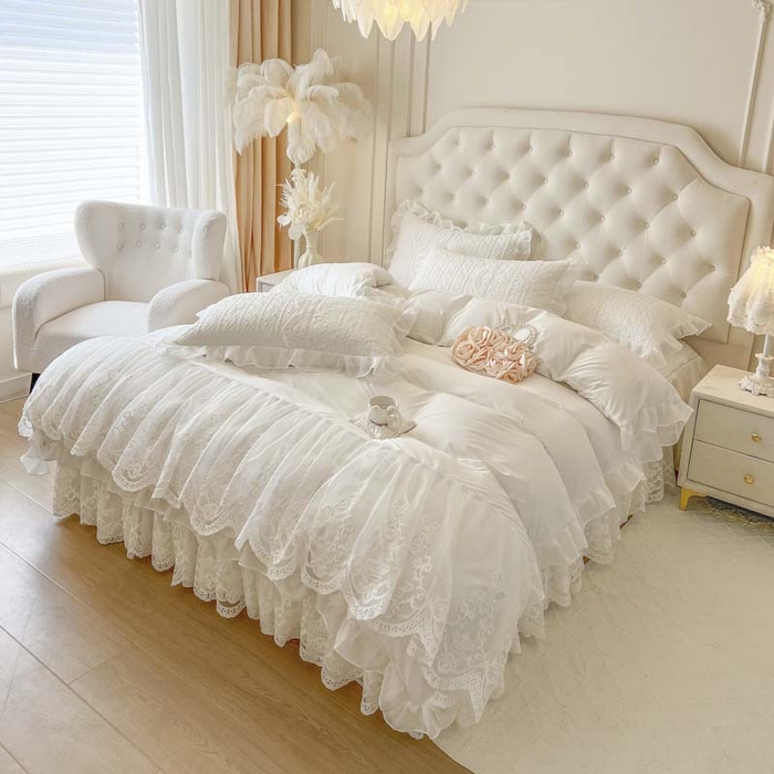 91家纺网 家纺一手货源 找家纺 恋尚 2026新款木凉淳浪漫蕾丝床裙四件套-米朵(控价220起） 米朵-奶白