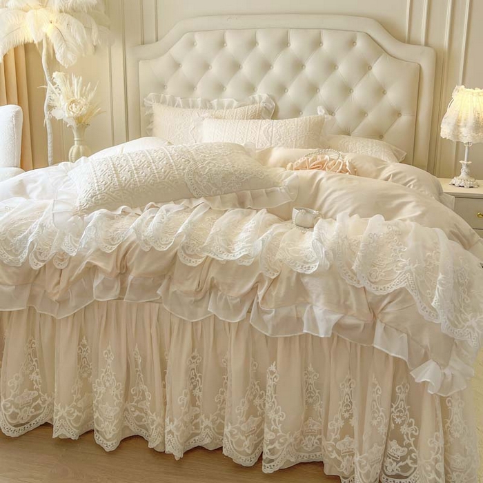 91家纺网 家纺一手货源 找家纺 恋尚 2026新款木凉淳浪漫蕾丝床裙四件套-米朵(控价220起） 米朵-米黄