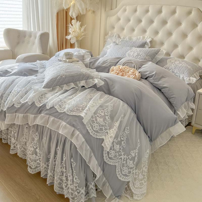 91家纺网 家纺一手货源 找家纺 恋尚 2026新款木凉淳浪漫蕾丝床裙四件套-米朵(控价220起） 米朵-浅灰