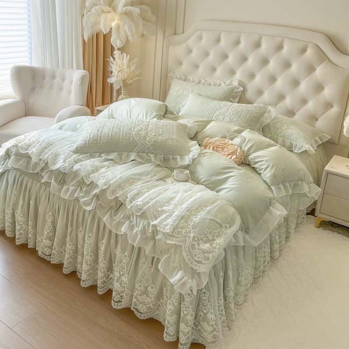 91家纺网 家纺一手货源 找家纺 恋尚 2026新款木凉淳浪漫蕾丝床裙四件套-米朵(控价220起） 米朵-水绿