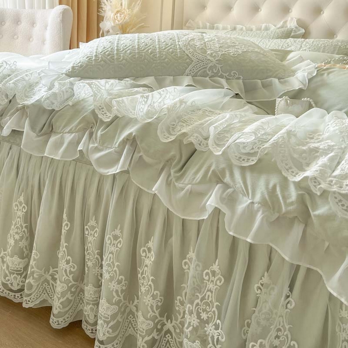 91家纺网 家纺一手货源 找家纺 恋尚 2026新款木凉淳浪漫蕾丝床裙四件套-米朵(控价220起） 米朵-水绿