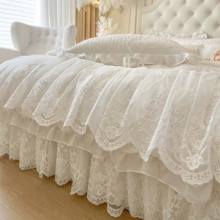 91家纺网 家纺一手货源 找家纺 恋尚 2026新款木凉淳浪漫蕾丝床裙四件套-米朵(控价220起） 米朵-奶白