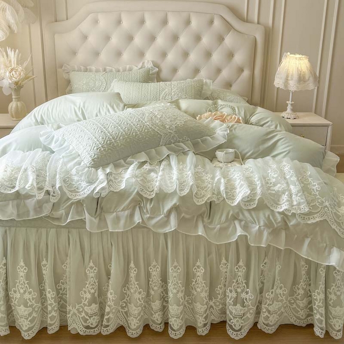 91家纺网 家纺一手货源 找家纺 恋尚 2026新款木凉淳浪漫蕾丝床裙四件套-米朵(控价220起） 米朵-水绿