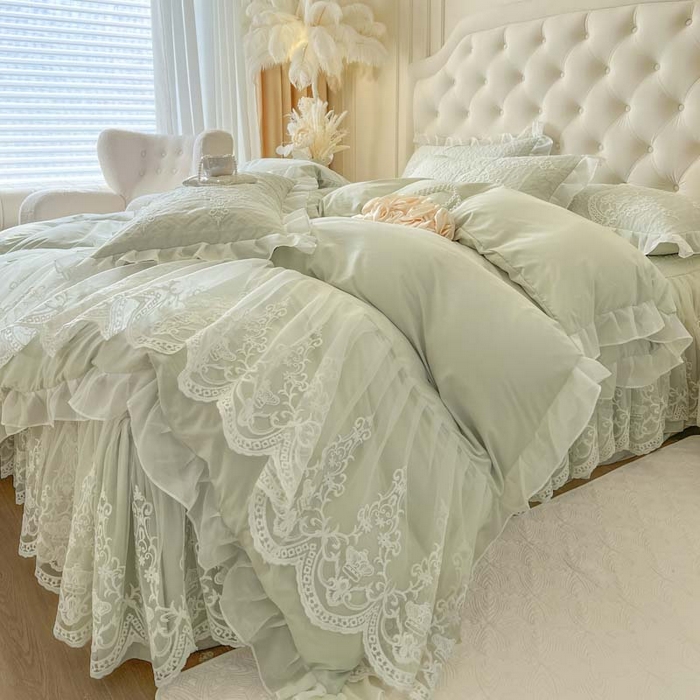 91家纺网 家纺一手货源 找家纺 恋尚 2026新款木凉淳浪漫蕾丝床裙四件套-米朵(控价220起） 米朵-水绿