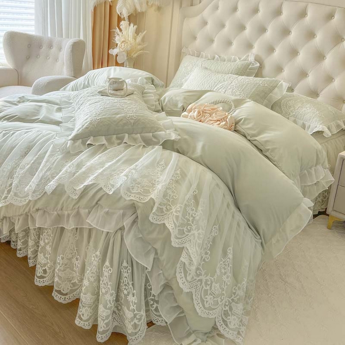91家纺网 家纺一手货源 找家纺 恋尚 2026新款木凉淳浪漫蕾丝床裙四件套-米朵(控价220起） 米朵-水绿