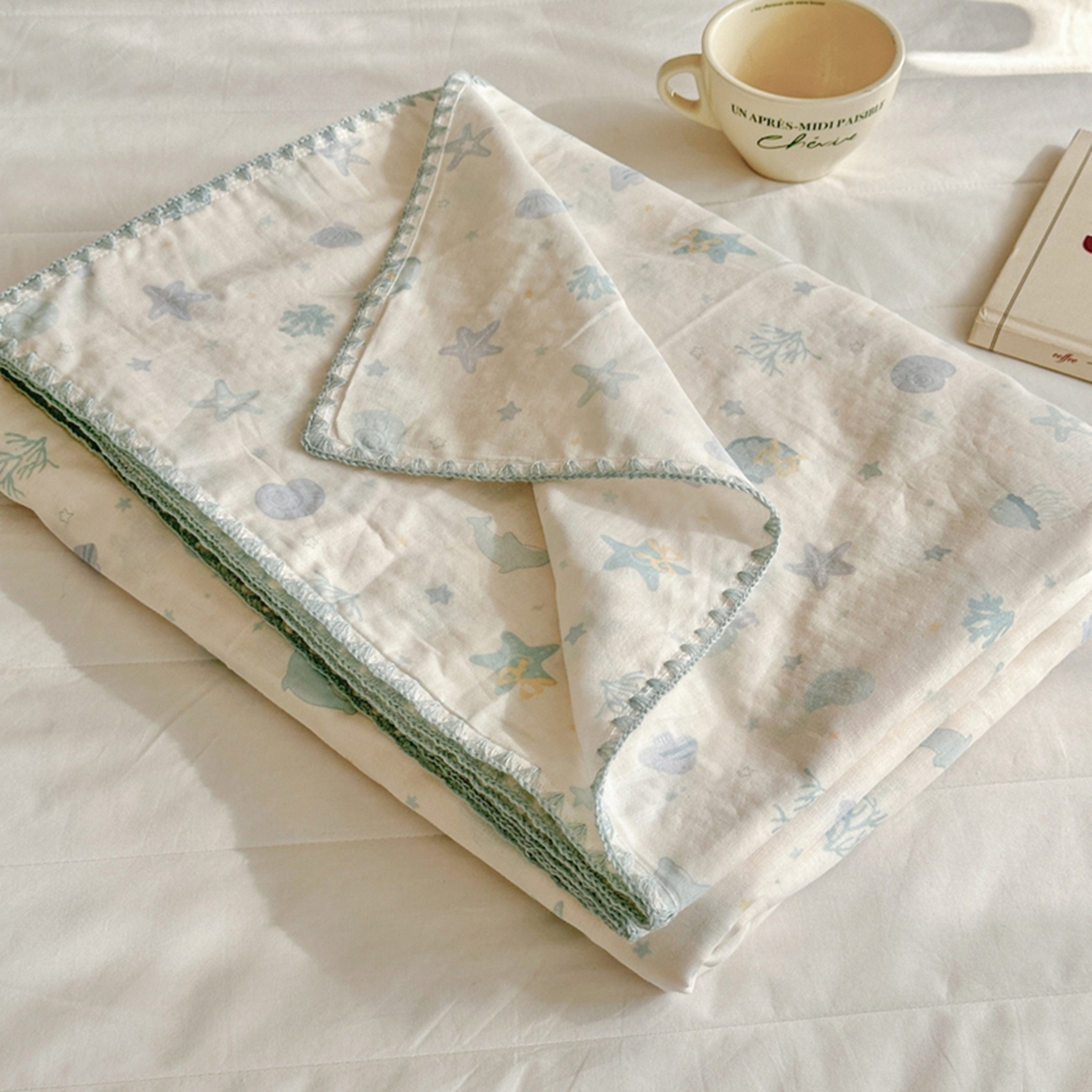 91家纺网 家纺一手货源 找家纺 暖阳 2026新款全棉纯棉双层纱夏季毯盖毯毯子 贝壳蓝