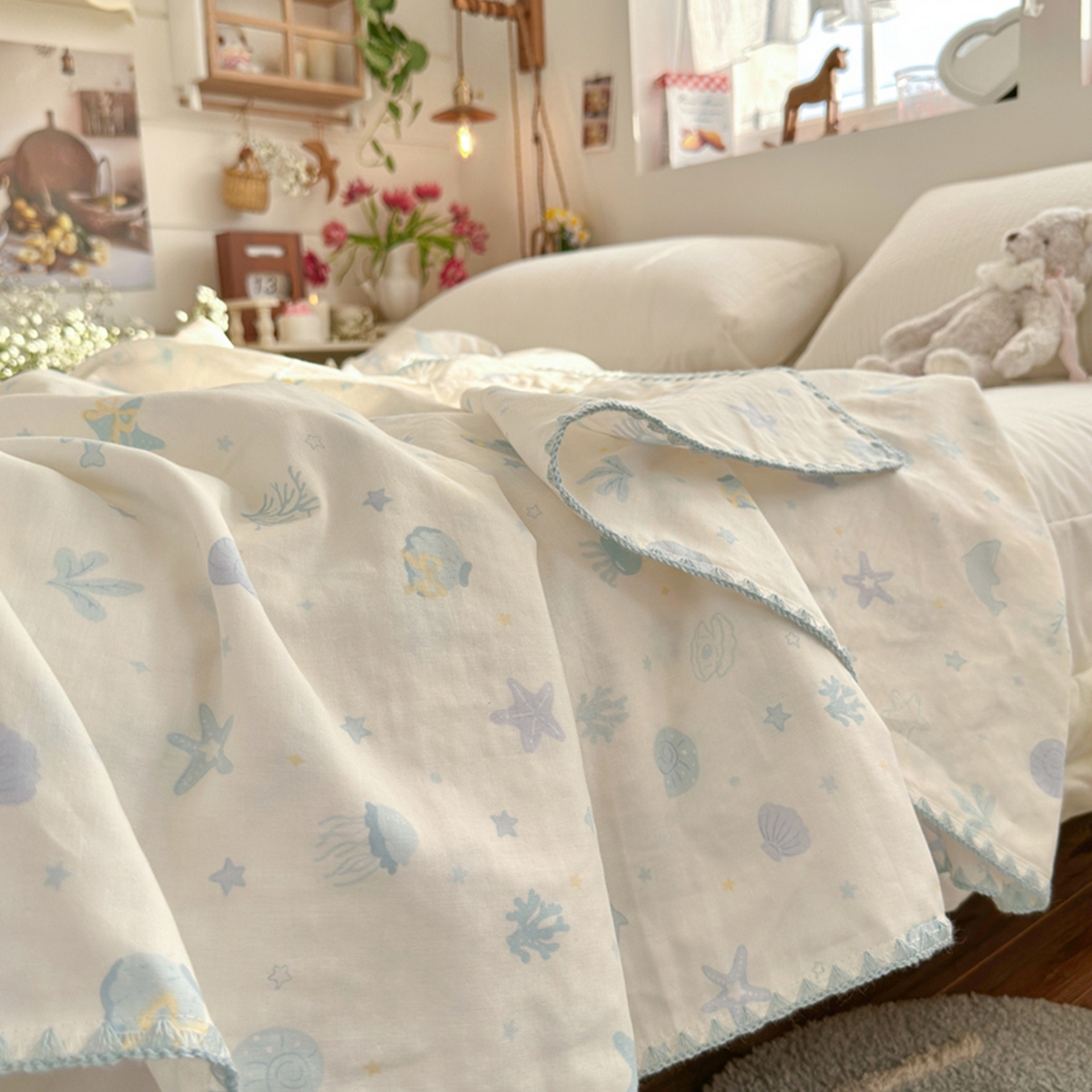 91家纺网 家纺一手货源 找家纺 暖阳 2026新款全棉纯棉双层纱夏季毯盖毯毯子 贝壳蓝