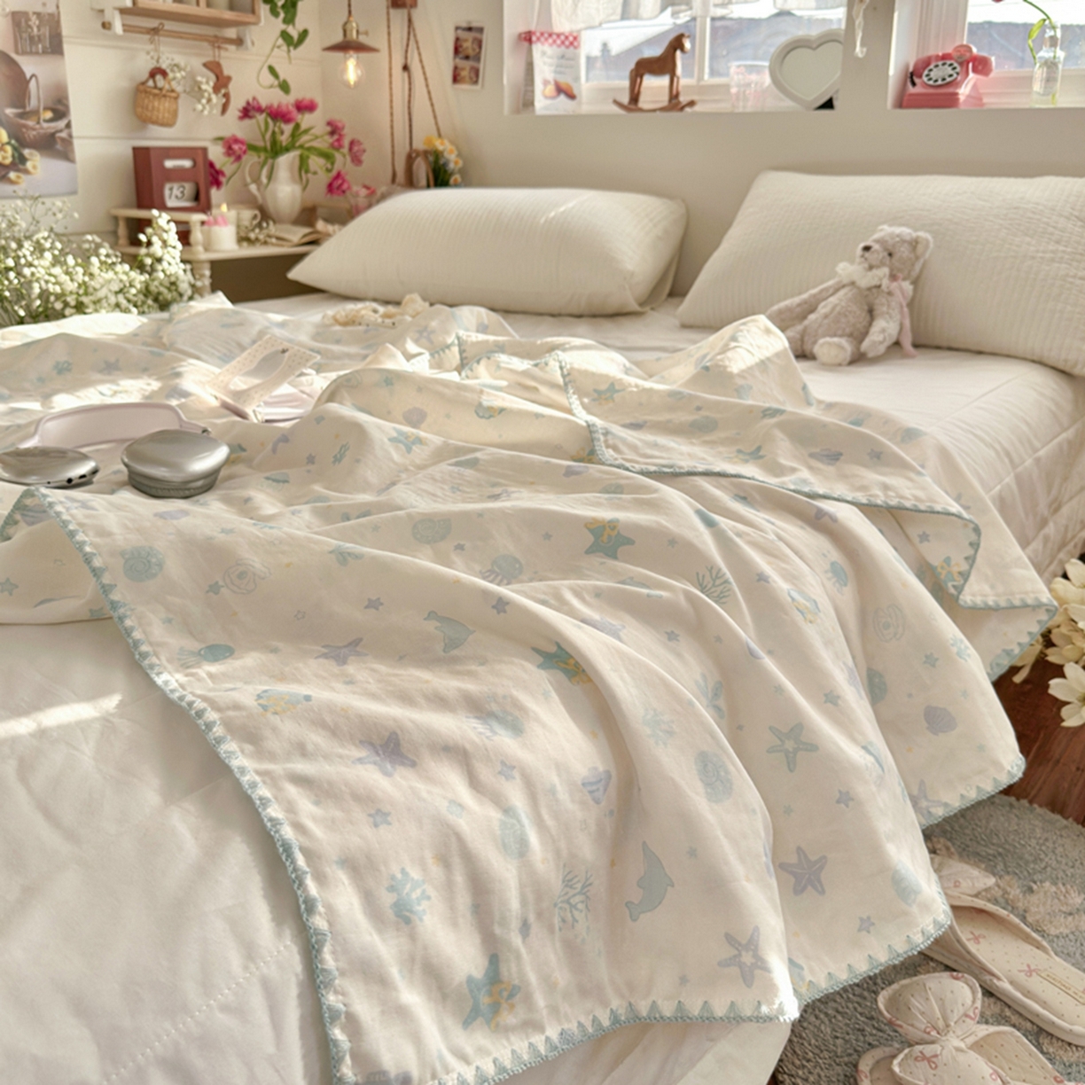 91家纺网 家纺一手货源 找家纺 暖阳 2026新款全棉纯棉双层纱夏季毯盖毯毯子 贝壳蓝