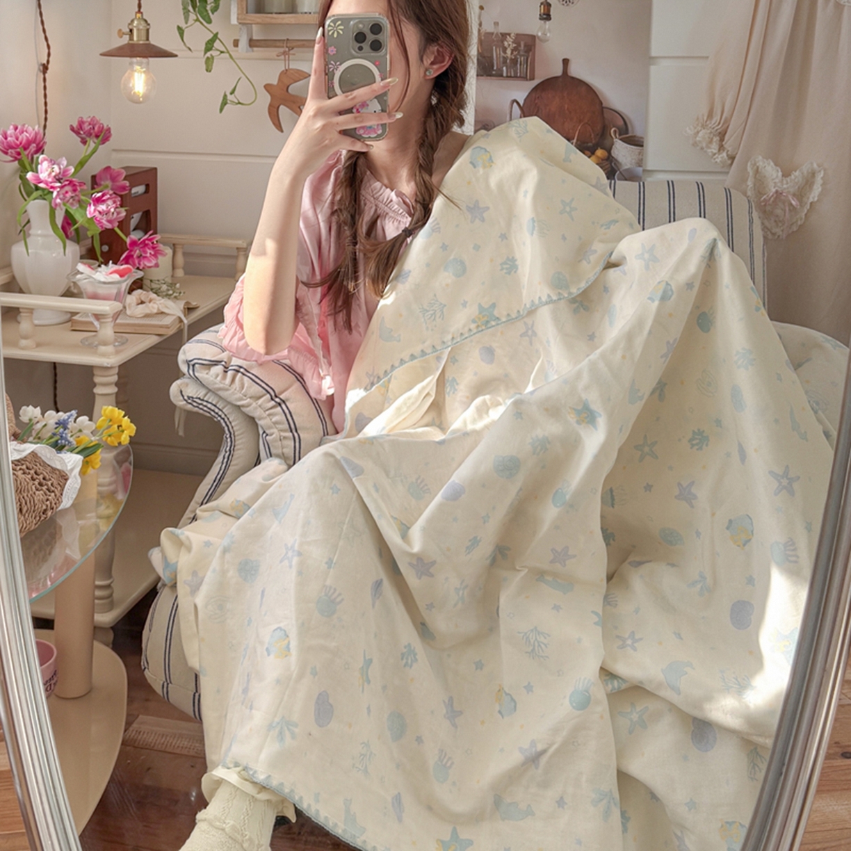 91家纺网 家纺一手货源 找家纺 暖阳 2026新款全棉纯棉双层纱夏季毯盖毯毯子 贝壳蓝