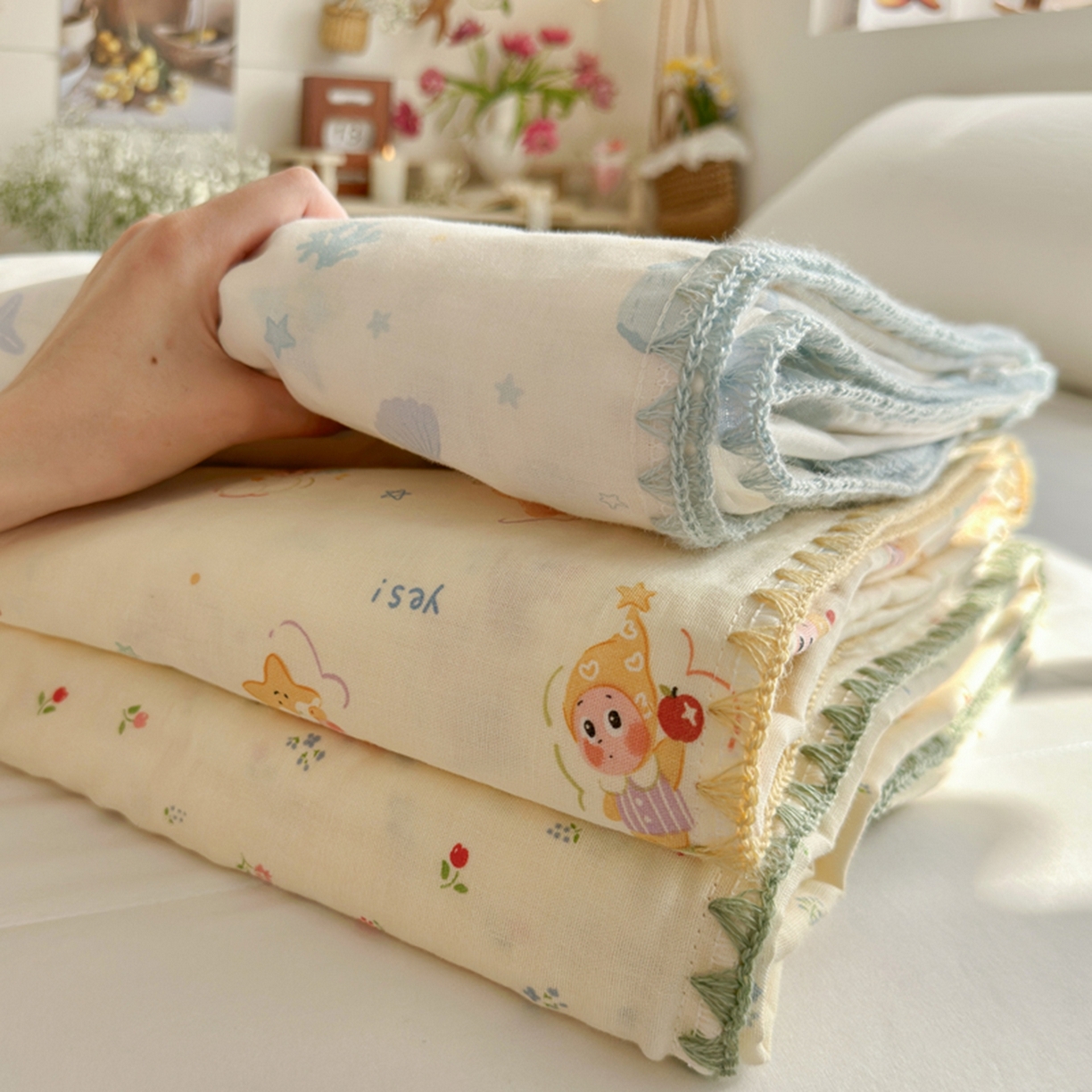 91家纺网 家纺一手货源 找家纺 暖阳 2026新款全棉纯棉双层纱夏季毯盖毯毯子 贝壳蓝