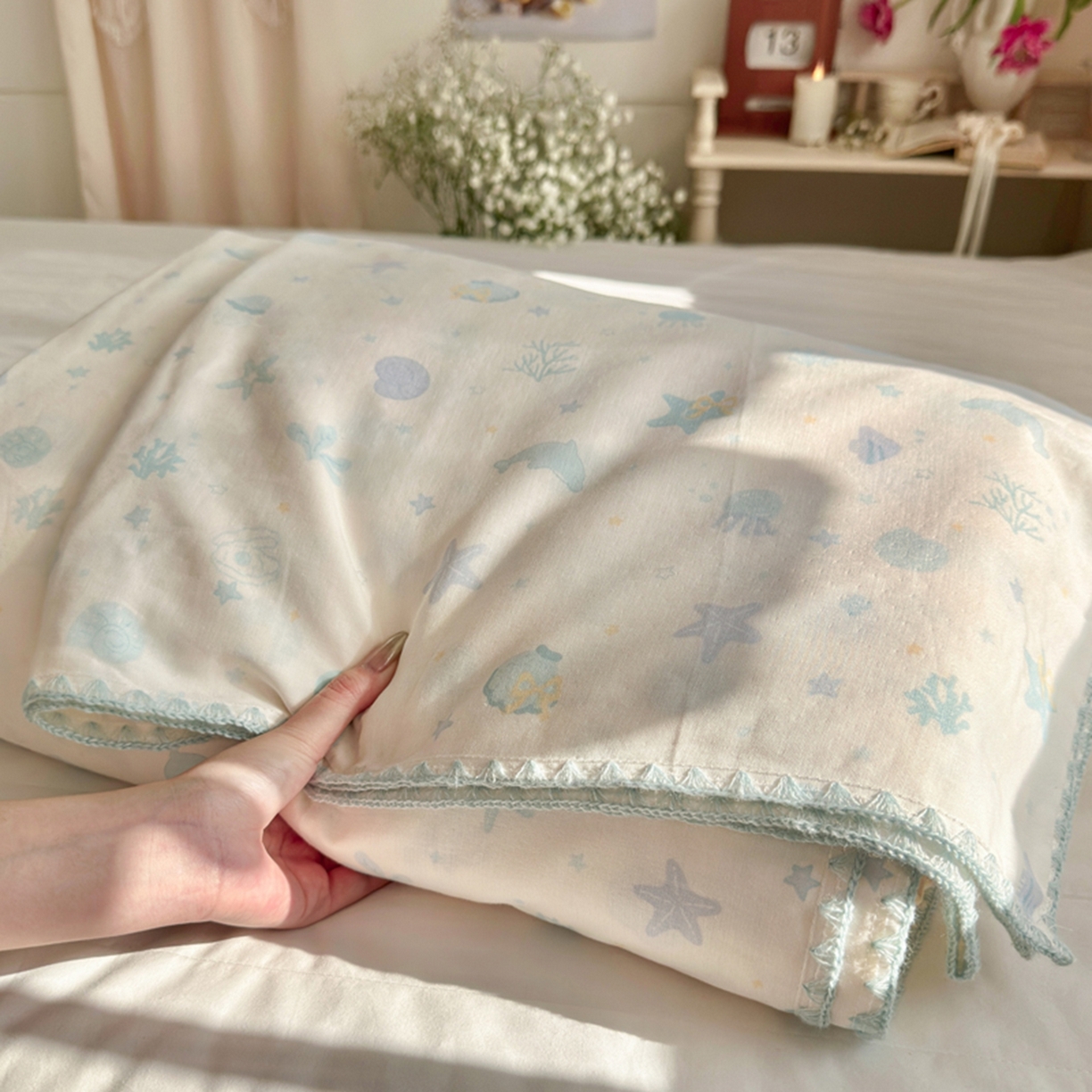 91家纺网 家纺一手货源 找家纺 暖阳 2026新款全棉纯棉双层纱夏季毯盖毯毯子 贝壳蓝