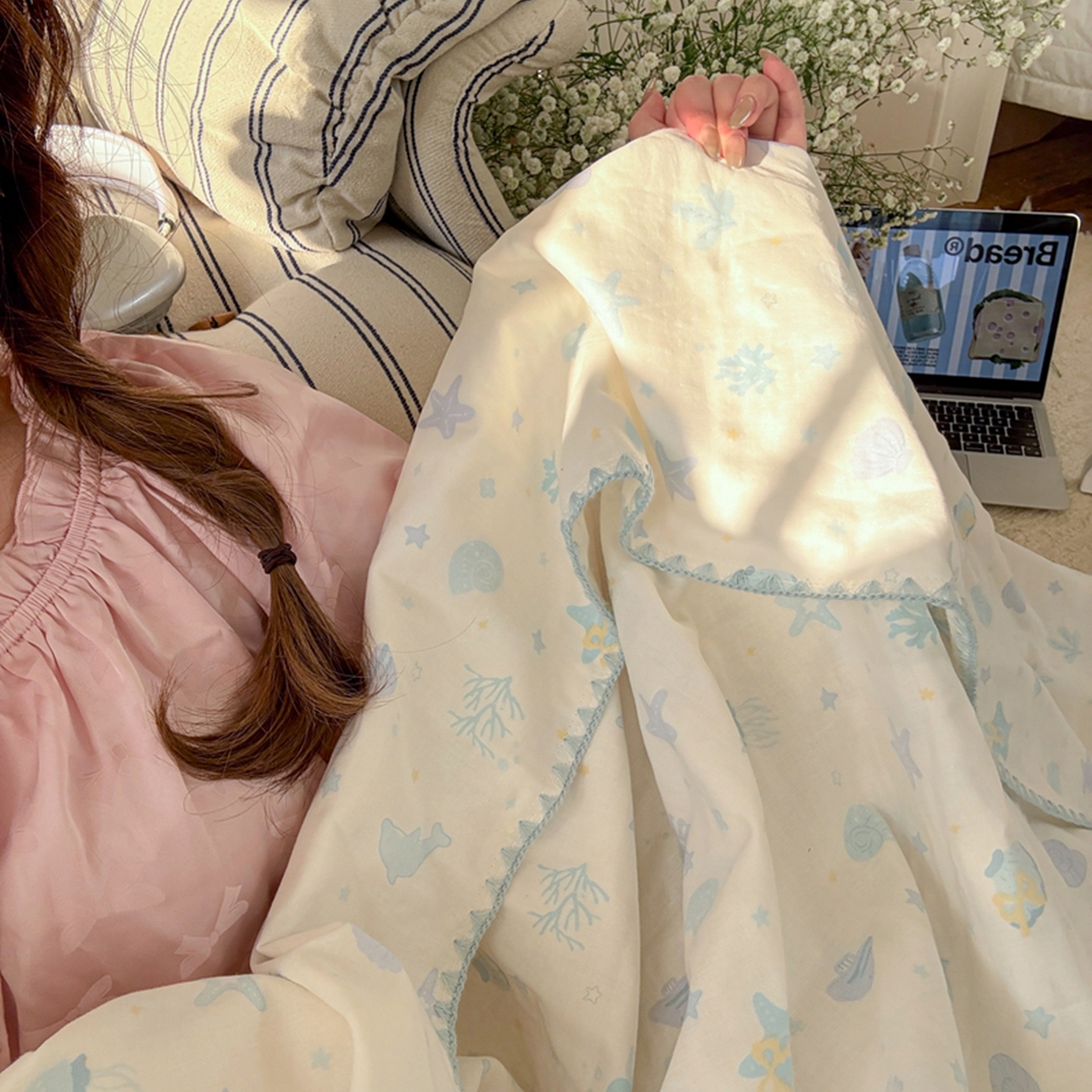 91家纺网 家纺一手货源 找家纺 暖阳 2026新款全棉纯棉双层纱夏季毯盖毯毯子 贝壳蓝